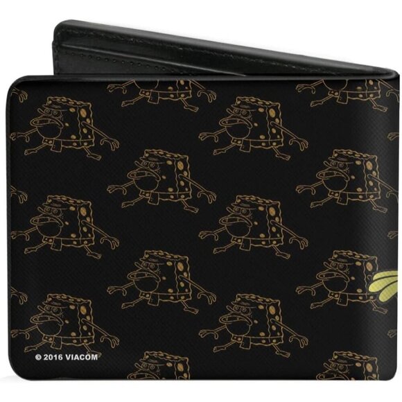 ✨Men's Black Squarepants Buckle-Down PU Bifold  Primitive Sponge Pose Wallets - Picture 2 of 4